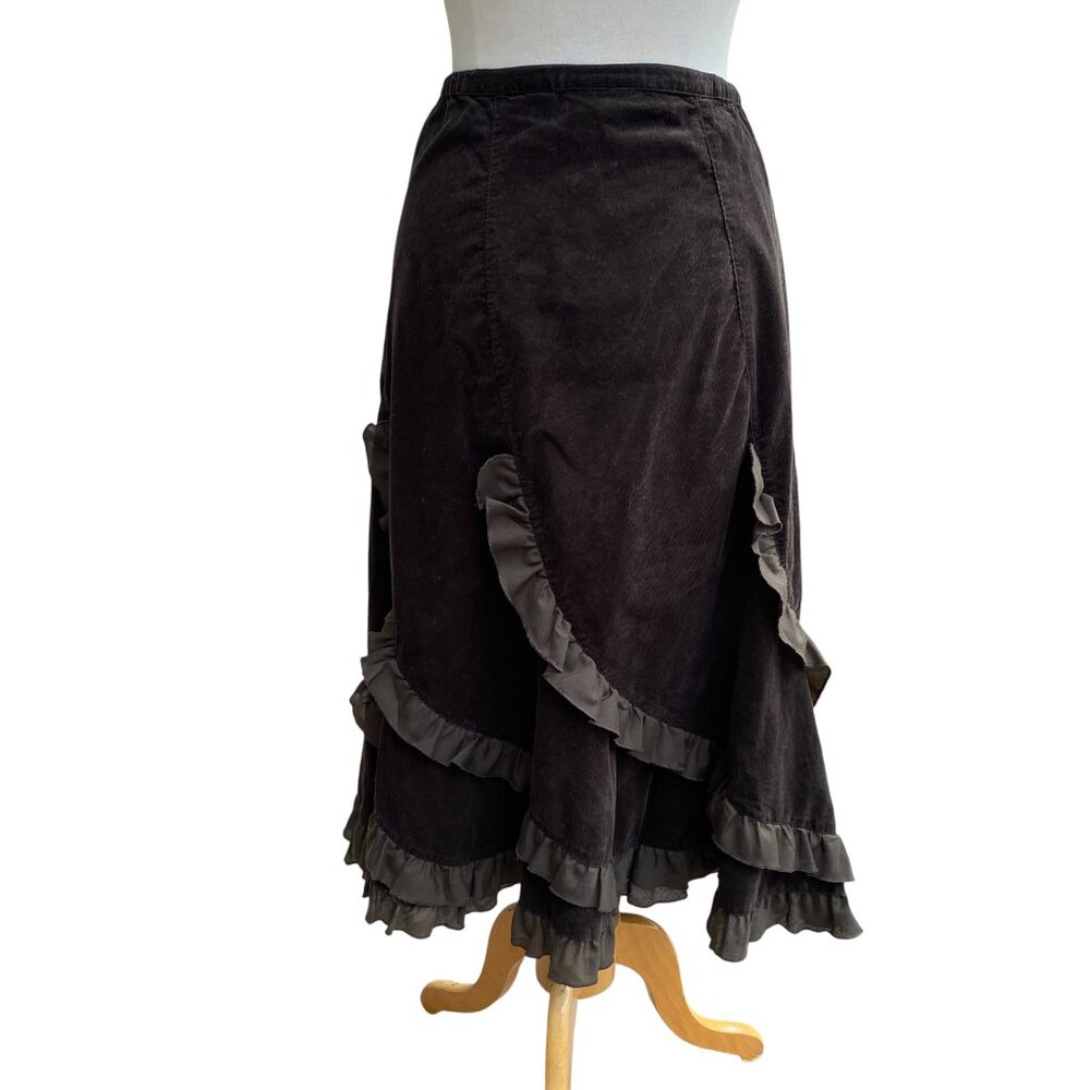 Vintage Brown Corduroy Tiered Ruffle Midi Skirt Boho Forest Fairy Indie Grunge-L - Picture 6 of 12